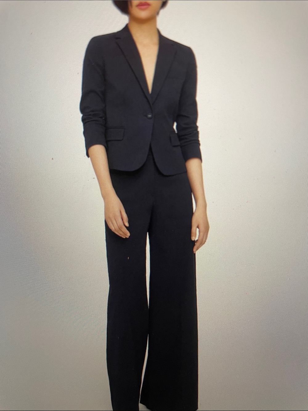 Theory women’s navy seersucker shrunken blazer and Treeca pant sz 8